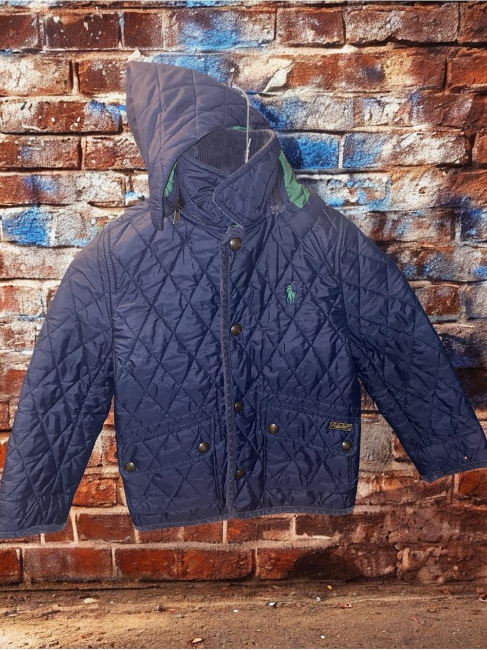 Ralph Lauren Quilted Navy Hooded Puffer with Green Logo